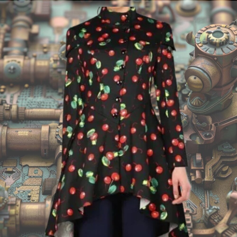 Steampunk Cherries Coat Jacket Gothic Retro Cherry Coat Size 2X NWOT